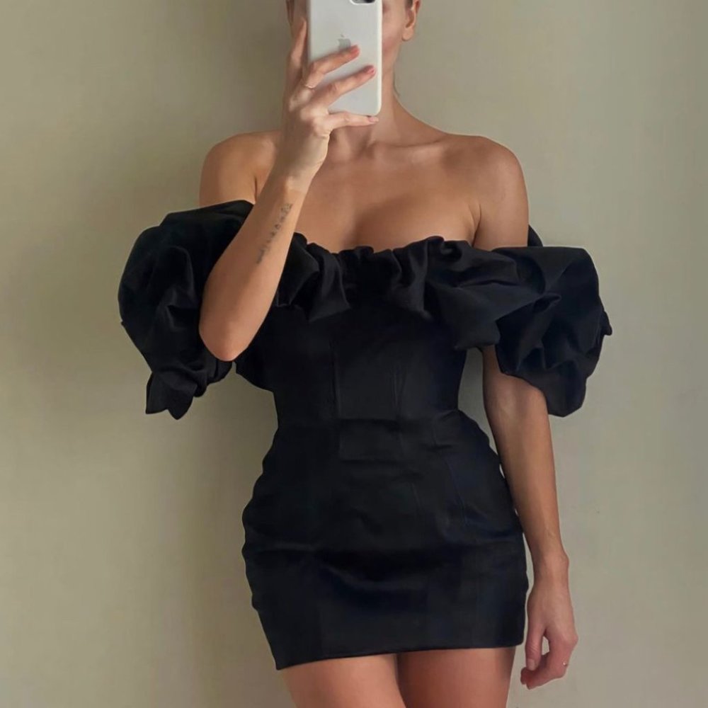 House of CB Selena Puff Off the Shoulder Mini Dress Black